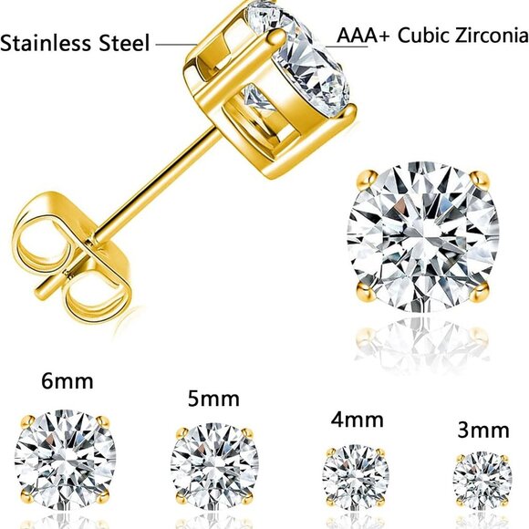 Hypoallergenic Titanium Cubic Zirconia Stud Earrings Set - 5 Pairs, Nickel Free, - Picture 4 of 8